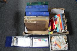 A box of stamp albums and Stanley Gibbons folders of stamps,