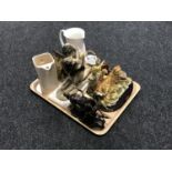 A tray of contemporary ornaments, brass rocking horse, Leonardo Collection floral jug,
