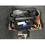 A box of Panasonic video camera with accessories in bag, Polaroid camera, Pentax digital camera,