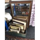 A mahogany framed mirror together with a box of framed pictures and prints, oils on canvas,