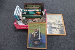 A box of assorted pictures, hard back books, Scrabble board games,