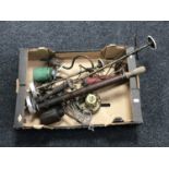 A box of antique brass collectables - gas light branches, brass beer barrel tap, garden sprayer,