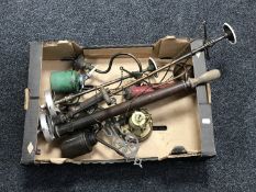 A box of antique brass collectables - gas light branches, brass beer barrel tap, garden sprayer,