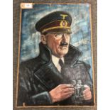 Twentieth century school : Portrait of Adolf Hitler, oil on wooden board, 57 cm x 40 cm.