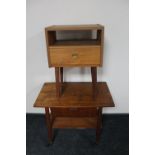 A mid 20th century teak sewing table and a teak effect bedside stand fitted a drawer