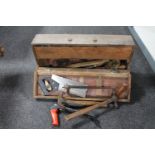 A mid 20th century joiners tool box containing joinery tools