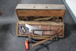 A mid 20th century joiners tool box containing joinery tools
