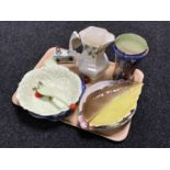 A tray of Maling storm vase, Maling plaque, dish and jug, Carlton Ware salad bowl with servers,