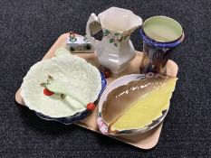 A tray of Maling storm vase, Maling plaque, dish and jug, Carlton Ware salad bowl with servers,