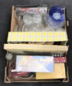 Two boxes of assorted glass ware - decanters, serving dishes, comports,