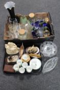 A box and tray of glass, Wade viking boat, ornaments,