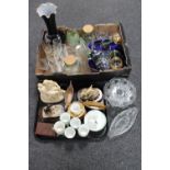 A box and tray of glass, Wade viking boat, ornaments,