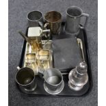 A tray of plated and pewter tankards, silver plated sugar sifter, part cased cutlery,