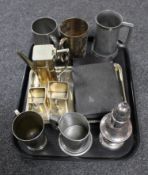 A tray of plated and pewter tankards, silver plated sugar sifter, part cased cutlery,