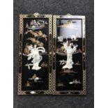 A pair of Japanese black lacquered mother of pearl panels depicting Geisha