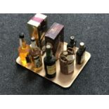 A tray of seven bottles of alcohol : Hennesey & Martel cognac, fruit liqueurs,