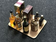 A tray of seven bottles of alcohol : Hennesey & Martel cognac, fruit liqueurs,