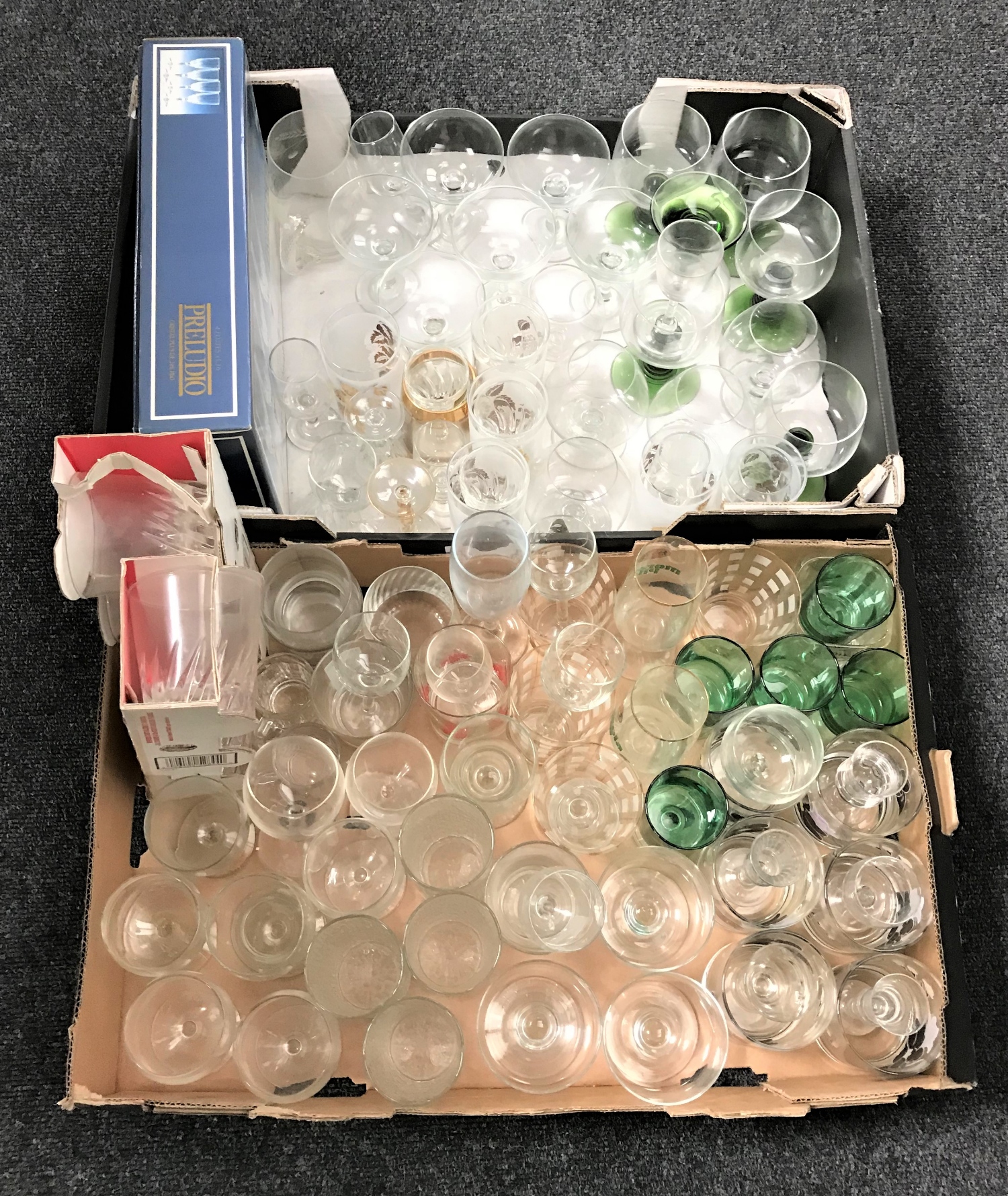 Two boxes of assorted 20th century drinking glasses