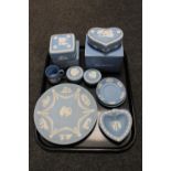 A tray containing ten pieces of Wedgwood blue and white Jasperware,