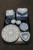 A tray containing ten pieces of Wedgwood blue and white Jasperware,