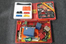 A boxed vintage Meccano set together with a Meccano transformer and a part Hornby railways