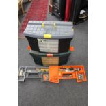 Two plastic tool boxes containing hand tools and hardware