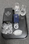 A tray of assorted glass ware including boxed Stuart crystal vase,