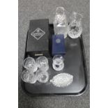 A tray of assorted glass ware including boxed Stuart crystal vase,