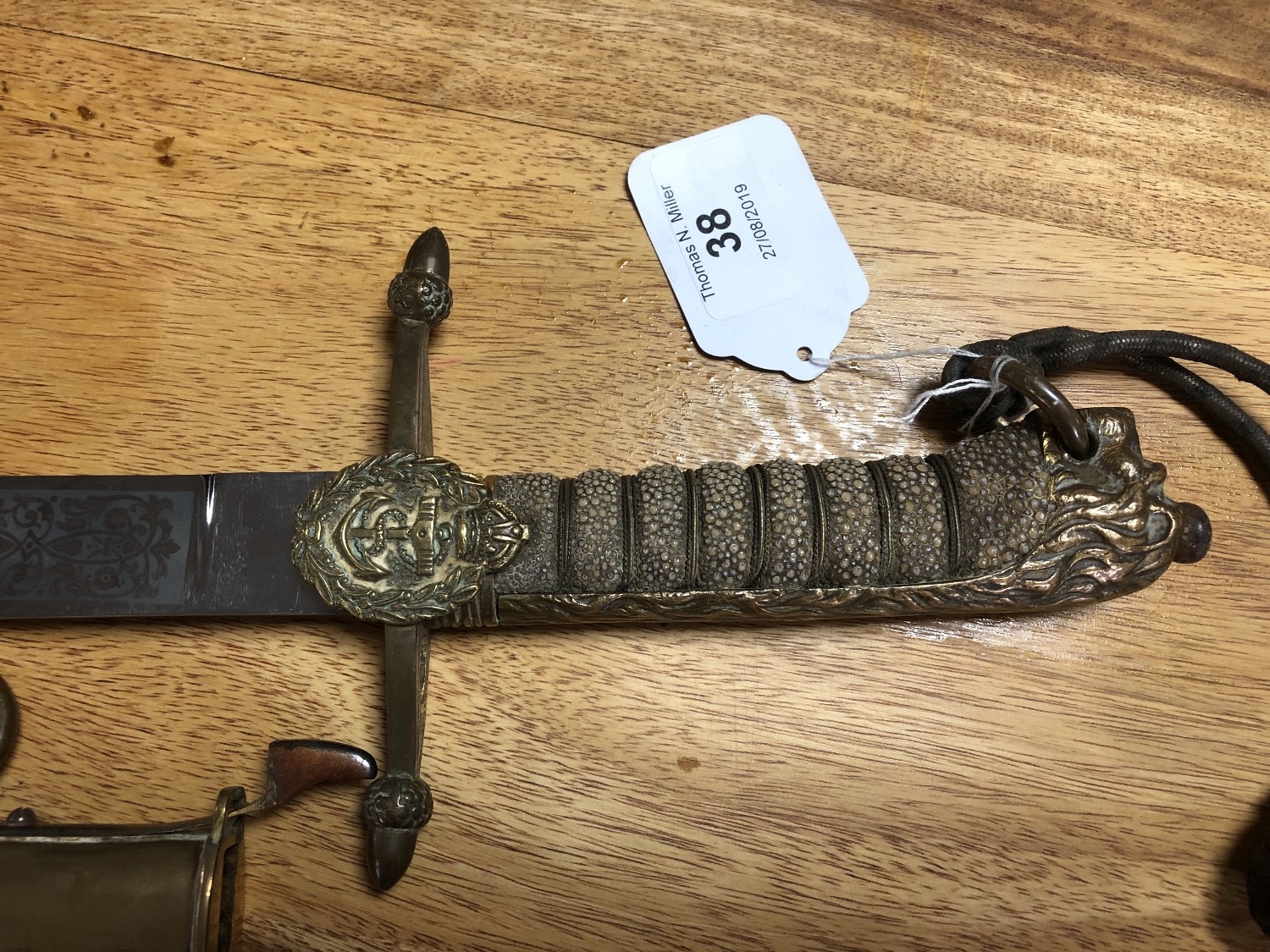 A George V naval officer's dirk in brass and leather scabbard with shagreen hilt - Image 3 of 11