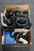 A box of assorted mobile phones including Nokia and Samsung, Olympus E500 camera in bag with lens,