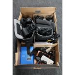 A box of assorted mobile phones including Nokia and Samsung, Olympus E500 camera in bag with lens,