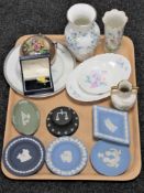 A tray of assorted china : Wedgwood Jasperware including the Wedgwood Society Collector's scales of