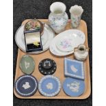 A tray of assorted china : Wedgwood Jasperware including the Wedgwood Society Collector's scales of