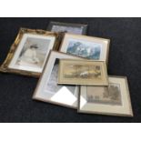 Six framed pictures : Chinese print of storks, framed book plate, Montague Dawson print,