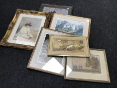 Six framed pictures : Chinese print of storks, framed book plate, Montague Dawson print,