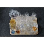 A tray of assorted glass ware including decanter, glass bowls,
