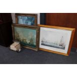 A group of gilt framed prints depicting naval battle scenes, box of sailing print,