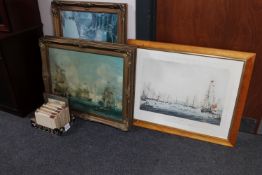 A group of gilt framed prints depicting naval battle scenes, box of sailing print,