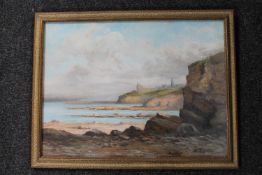 A 20th century gilt framed oil depicting Tynemouth Priory and coastline,