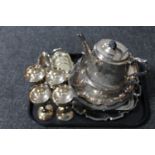 A tray of assorted 20th century plated wares including teapot, goblets, toast rack,