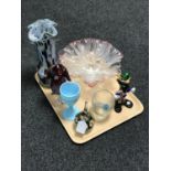 A tray of assorted glass ware - Murano glass, Bohemian vase, turquoise goblet,