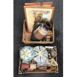 Two boxes of West German jug, framed watercolour, mirrored serving tray, assorted prints,