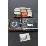 A Garrard turn table together with a Sony Stereo tape recorder TC-230 and box of reels