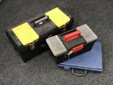 Two plastic tool box of assorted hand tools and a tool case of tools