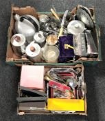 Two boxes of metal ware - stainless steel tea services, aluminium kettle, box and unboxed cutlery,