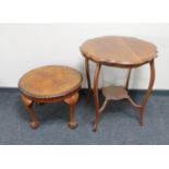 An Edwardian mahogany shaped two tier occasional table together with a circular walnut coffee table