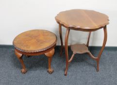 An Edwardian mahogany shaped two tier occasional table together with a circular walnut coffee table