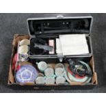A box containing assorted tea ware, glasses, vintage hoover,