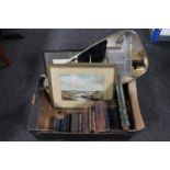 A box containing antiquarian books, Bibles, mid 20th century framed mirror, pair of J. T.