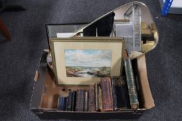 A box containing antiquarian books, Bibles, mid 20th century framed mirror, pair of J. T.